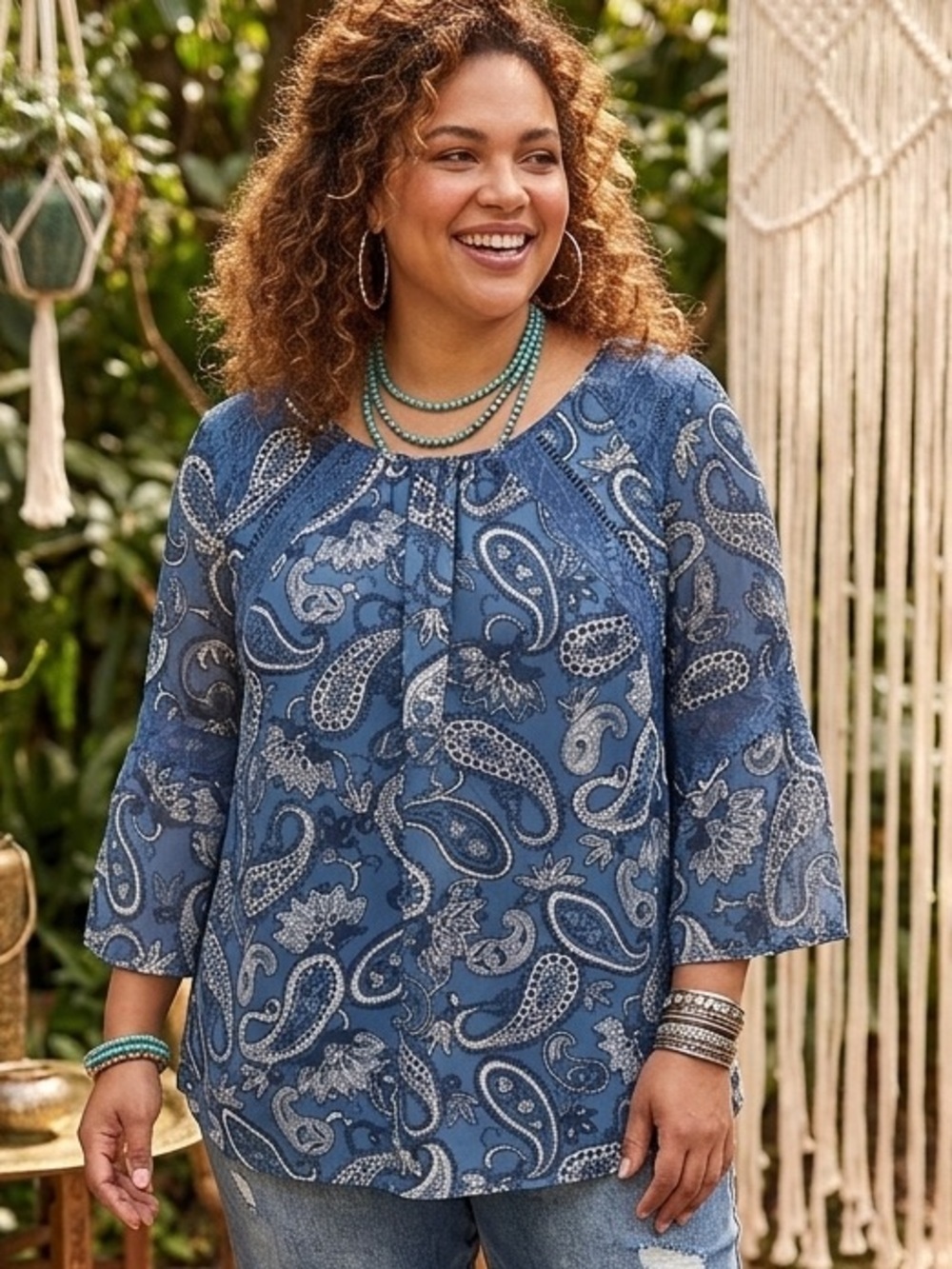 Roz & Ali Blue Paisley Lace-Trim Peasant Blouse size 2x